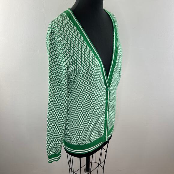 LE TIGRE Green White Diamond Print Cotton V-Neck Button Down Cardigan Sweater XL - Picture 7 of 11